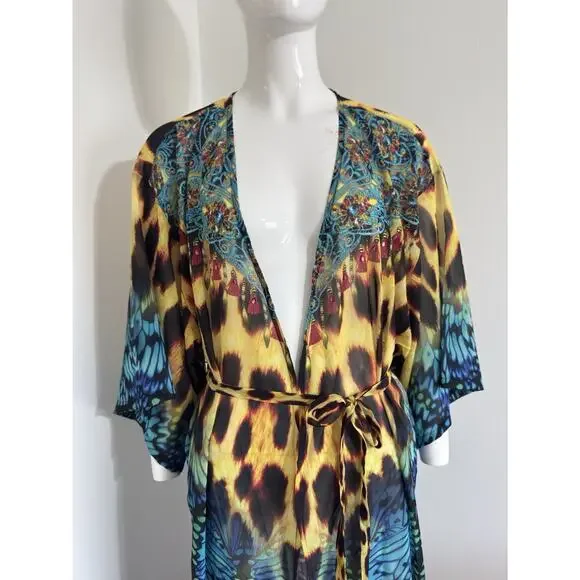 Boho Maxi Kimono Kaftan Women Leopard Butterfly Print Sheer Beaded Cover Up L/XL - Picture 5 of 16